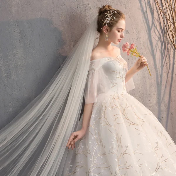 Affordable Ivory Wedding Dresses 2019 Ball Gown Off-The-Shoulder 1/2 Sleeves Backless Appliques Lace Sequins Floor-Length / Long