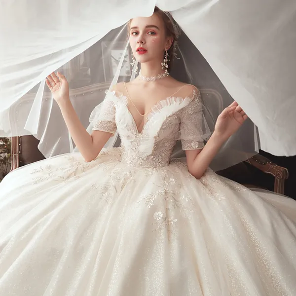 Victorian Style Champagne See-through Wedding Dresses 2020 Ball Gown V ...