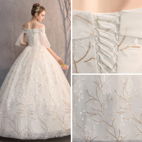 Affordable Ivory Wedding Dresses 2019 Ball Gown Off-The-Shoulder 1/2 Sleeves Backless Appliques Lace Sequins Floor-Length / Long