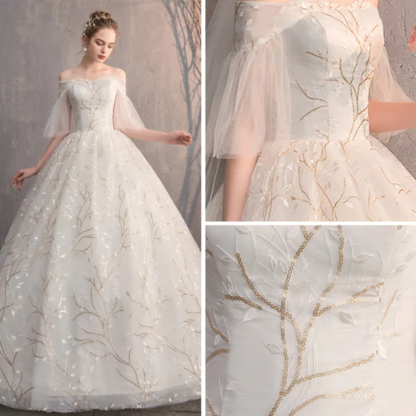 Affordable Ivory Wedding Dresses 2019 Ball Gown Off-The-Shoulder 1/2 Sleeves Backless Appliques Lace Sequins Floor-Length / Long