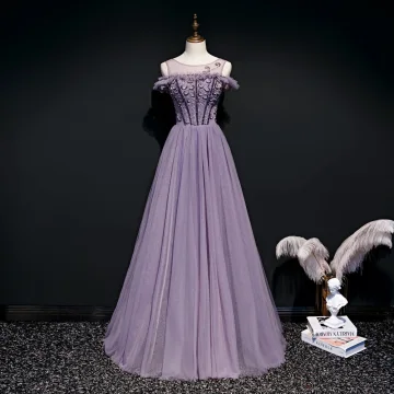 High End Lavendel Selskapskjoler 2020 Prinsesse Scoop Halsen Korte Ermer Beading Lange Buste Ryggløse Formelle Kjoler