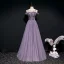 High-end Lavender Evening Dresses  2020 A-Line / Princess Scoop Neck Short Sleeve Beading Floor-Length / Long Ruffle Backless Formal Dresses