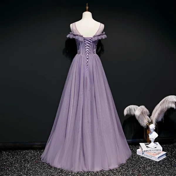High-end Lavender Evening Dresses 2020 A-Line / Princess Scoop Neck Short Sleeve Beading Floor-Length / Long Ruffle Backless Formal Dresses