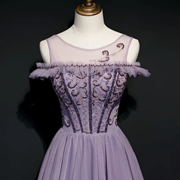 High-end Lavender Evening Dresses 2020 A-Line / Princess Scoop Neck Short Sleeve Beading Floor-Length / Long Ruffle Backless Formal Dresses