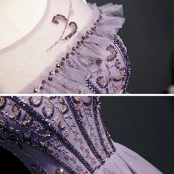 High-end Lavender Evening Dresses 2020 A-Line / Princess Scoop Neck Short Sleeve Beading Floor-Length / Long Ruffle Backless Formal Dresses