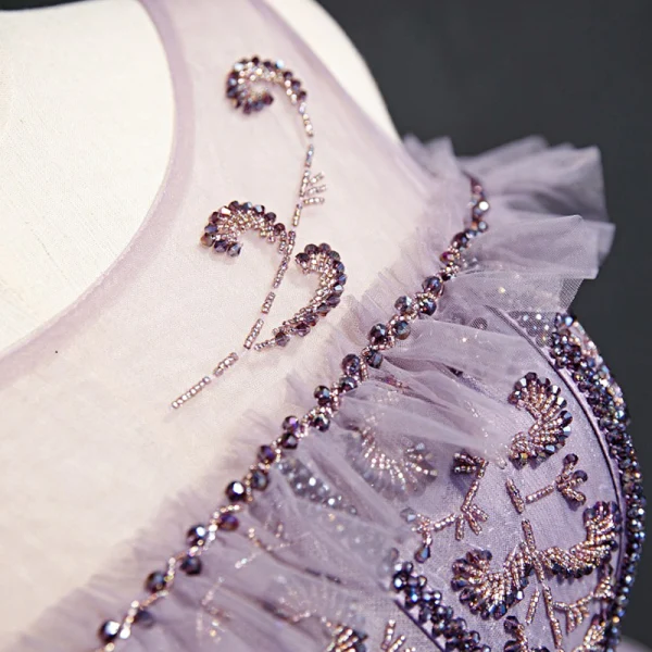 High-end Lavender Evening Dresses 2020 A-Line / Princess Scoop Neck Short Sleeve Beading Floor-Length / Long Ruffle Backless Formal Dresses