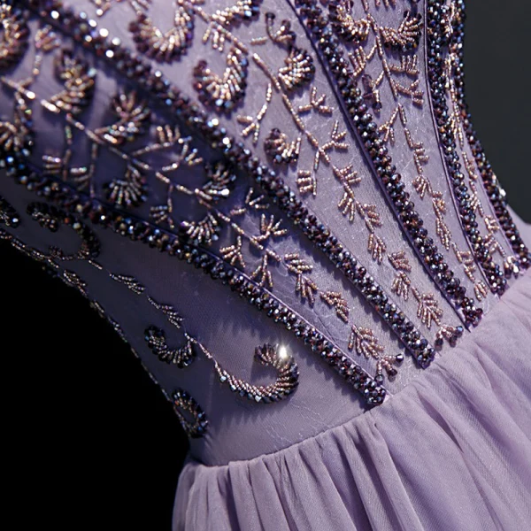High-end Lavender Evening Dresses 2020 A-Line / Princess Scoop Neck Short Sleeve Beading Floor-Length / Long Ruffle Backless Formal Dresses