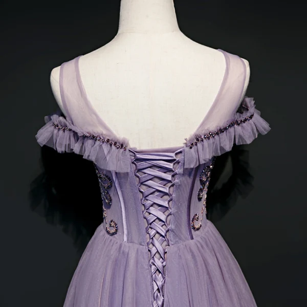 High-end Lavender Evening Dresses 2020 A-Line / Princess Scoop Neck Short Sleeve Beading Floor-Length / Long Ruffle Backless Formal Dresses