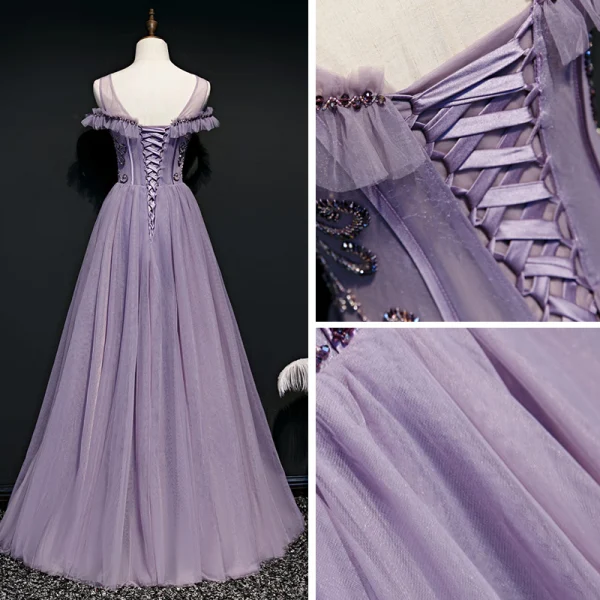 High-end Lavender Evening Dresses 2020 A-Line / Princess Scoop Neck Short Sleeve Beading Floor-Length / Long Ruffle Backless Formal Dresses