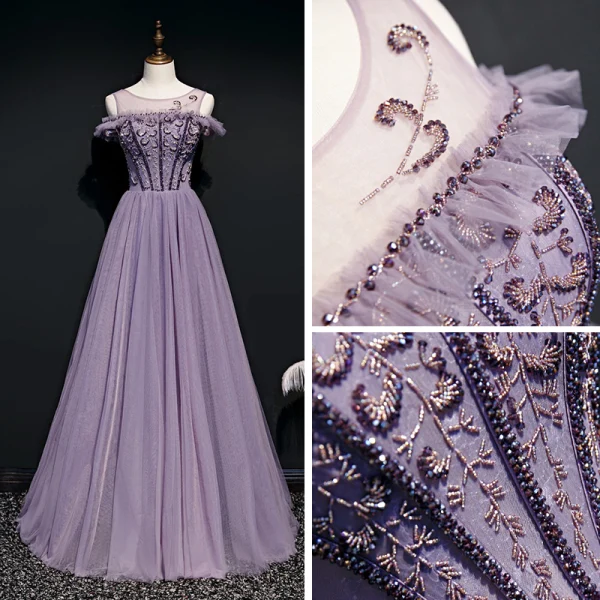 High-end Lavender Evening Dresses 2020 A-Line / Princess Scoop Neck Short Sleeve Beading Floor-Length / Long Ruffle Backless Formal Dresses