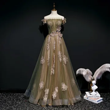 Élégant Vert Robe De Soirée 2020 Princesse De L 039 Épaule Manches Courtes Appliques En Dentelle Perlage Glitter Tulle Ceinture Longue Volants Dos Nu Robe De Ceremonie