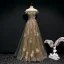Elegant Green Evening Dresses  2020 A-Line / Princess Off-The-Shoulder Short Sleeve Appliques Lace Beading Glitter Tulle Sash Floor-Length / Long Ruffle Backless Formal Dresses