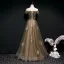 Elegant Green Evening Dresses  2020 A-Line / Princess Off-The-Shoulder Short Sleeve Appliques Lace Beading Glitter Tulle Sash Floor-Length / Long Ruffle Backless Formal Dresses