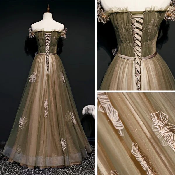 Elegant Green Evening Dresses 2020 A-Line / Princess Off-The-Shoulder Short Sleeve Appliques Lace Beading Glitter Tulle Sash Floor-Length / Long Ruffle Backless Formal Dresses