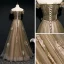 Elegant Green Evening Dresses  2020 A-Line / Princess Off-The-Shoulder Short Sleeve Appliques Lace Beading Glitter Tulle Sash Floor-Length / Long Ruffle Backless Formal Dresses