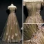 Elegant Green Evening Dresses  2020 A-Line / Princess Off-The-Shoulder Short Sleeve Appliques Lace Beading Glitter Tulle Sash Floor-Length / Long Ruffle Backless Formal Dresses