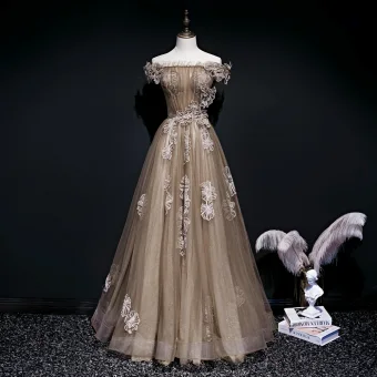 Meilleur Marron Transparentes Robe De Soirée 2020 Princesse De L 039 Épaule Manches Courtes Glitter Tulle Appliques En Dentelle Fleur Ceinture Perlage Longue Volants Dos Nu Robe De Ceremonie
