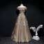 Best Brown See-through Evening Dresses  2020 A-Line / Princess Off-The-Shoulder Short Sleeve Glitter Tulle Appliques Lace Flower Sash Beading Floor-Length / Long Ruffle Backless Formal Dresses