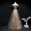 Best Brown See-through Evening Dresses  2020 A-Line / Princess Off-The-Shoulder Short Sleeve Glitter Tulle Appliques Lace Flower Sash Beading Floor-Length / Long Ruffle Backless Formal Dresses