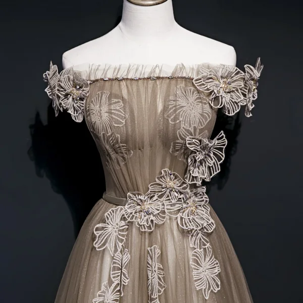 Best Brown See-through Evening Dresses 2020 A-Line / Princess Off-The-Shoulder Short Sleeve Glitter Tulle Appliques Lace Flower Sash Beading Floor-Length / Long Ruffle Backless Formal Dresses