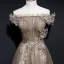 Best Brown See-through Evening Dresses  2020 A-Line / Princess Off-The-Shoulder Short Sleeve Glitter Tulle Appliques Lace Flower Sash Beading Floor-Length / Long Ruffle Backless Formal Dresses
