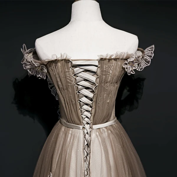 Best Brown See-through Evening Dresses 2020 A-Line / Princess Off-The-Shoulder Short Sleeve Glitter Tulle Appliques Lace Flower Sash Beading Floor-Length / Long Ruffle Backless Formal Dresses