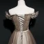 Best Brown See-through Evening Dresses  2020 A-Line / Princess Off-The-Shoulder Short Sleeve Glitter Tulle Appliques Lace Flower Sash Beading Floor-Length / Long Ruffle Backless Formal Dresses