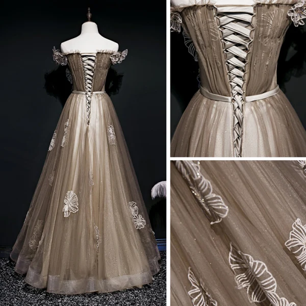 Best Brown See-through Evening Dresses 2020 A-Line / Princess Off-The-Shoulder Short Sleeve Glitter Tulle Appliques Lace Flower Sash Beading Floor-Length / Long Ruffle Backless Formal Dresses