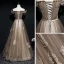 Best Brown See-through Evening Dresses  2020 A-Line / Princess Off-The-Shoulder Short Sleeve Glitter Tulle Appliques Lace Flower Sash Beading Floor-Length / Long Ruffle Backless Formal Dresses