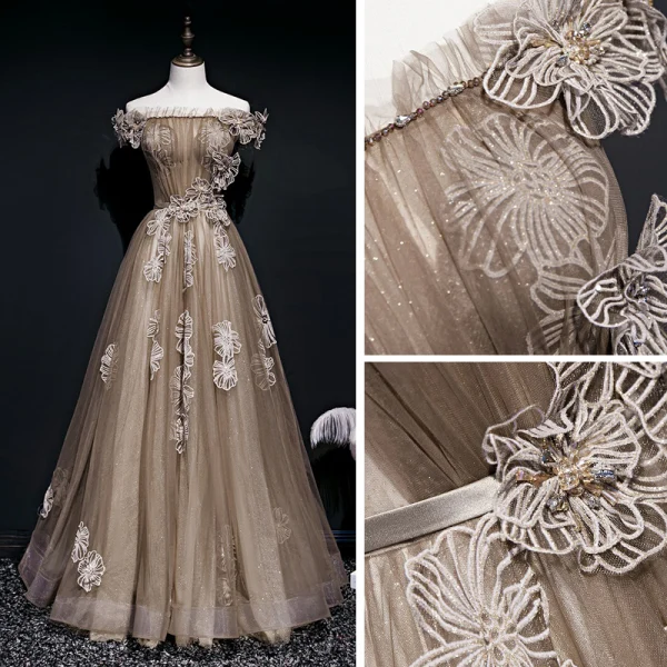 Best Brown See-through Evening Dresses 2020 A-Line / Princess Off-The-Shoulder Short Sleeve Glitter Tulle Appliques Lace Flower Sash Beading Floor-Length / Long Ruffle Backless Formal Dresses