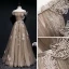 Best Brown See-through Evening Dresses  2020 A-Line / Princess Off-The-Shoulder Short Sleeve Glitter Tulle Appliques Lace Flower Sash Beading Floor-Length / Long Ruffle Backless Formal Dresses