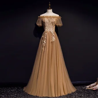 High End Brown Evening Dresses 2020 A Line Princess Off The Shoulder Puffy Short Sleeve Appliques Lace Beading Sweep Train Ruffle Backless Formal Dresses