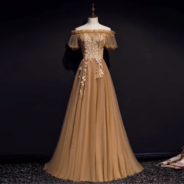 High End Brown Evening Dresses 2020 A Line Princess Off The Shoulder Puffy Short Sleeve Appliques Lace Beading Sweep Train Ruffle Backless Formal Dresses