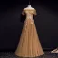 Haut de Gamme Marron Robe De Soirée 2020 Princesse De l'épaule Gonflée Manches Courtes Appliques En Dentelle Perlage Train De Balayage Volants Dos Nu Robe De Ceremonie