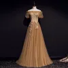 High-end Brown Evening Dresses  2020 A-Line / Princess Off-The-Shoulder Puffy Short Sleeve Appliques Lace Beading Sweep Train Ruffle Backless Formal Dresses