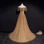 Haut de Gamme Marron Robe De Soirée 2020 Princesse De l'épaule Gonflée Manches Courtes Appliques En Dentelle Perlage Train De Balayage Volants Dos Nu Robe De Ceremonie