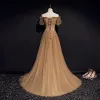 High-end Brown Evening Dresses  2020 A-Line / Princess Off-The-Shoulder Puffy Short Sleeve Appliques Lace Beading Sweep Train Ruffle Backless Formal Dresses