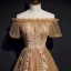 Haut de Gamme Marron Robe De Soirée 2020 Princesse De l'épaule Gonflée Manches Courtes Appliques En Dentelle Perlage Train De Balayage Volants Dos Nu Robe De Ceremonie