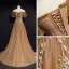 Haut de Gamme Marron Robe De Soirée 2020 Princesse De l'épaule Gonflée Manches Courtes Appliques En Dentelle Perlage Train De Balayage Volants Dos Nu Robe De Ceremonie