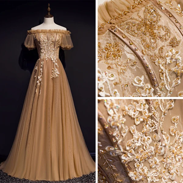 Haut de Gamme Marron Robe De Soirée 2020 Princesse De l'épaule Gonflée Manches Courtes Appliques En Dentelle Perlage Train De Balayage Volants Dos Nu Robe De Ceremonie