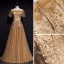 Haut de Gamme Marron Robe De Soirée 2020 Princesse De l'épaule Gonflée Manches Courtes Appliques En Dentelle Perlage Train De Balayage Volants Dos Nu Robe De Ceremonie