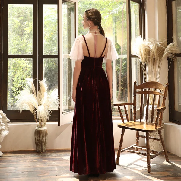 Chic / Belle Bordeaux Velour Transparentes Robe De Soirée 2020 Princesse Col Haut Manches Courtes Appliques En Dentelle Longue Robe De Ceremonie