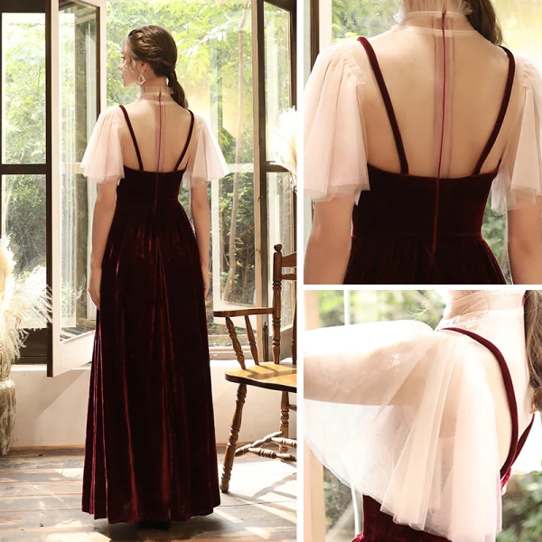 Chic / Belle Bordeaux Velour Transparentes Robe De Soirée 2020 Princesse Col Haut Manches Courtes Appliques En Dentelle Longue Robe De Ceremonie