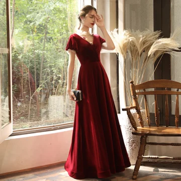 Chic Beautiful Burgundy Velour See Through Evening Dresses 2020 A Line Princess High Neck Puffy Short Sleeve Appliques Flower Beading Floor Length Long Ruffle Backless Formal Dresses