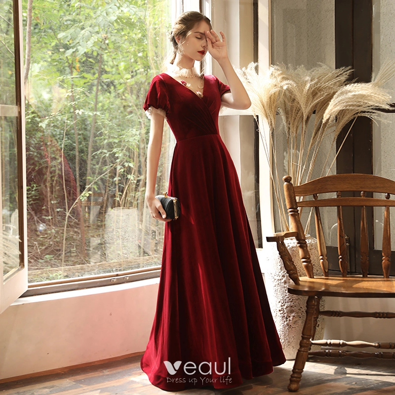 Chic / Beautiful Burgundy Velour See-through Evening Dresses 2020 A-Line / Princess High Neck Puffy Short Sleeve Appliques Flower Beading Floor-Length Chic / Beautiful Burgundy Velour See-through Evening Dresses 2020 A-Line / Princess High Neck Puffy Short Sleeve Appliques Flower Beading Floor-Length