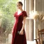 Snygga / Fina Burgundy Velour Genomskinliga Aftonklänningar 2020 Prinsessa Hög Hals Pösigt Korta ärm Appliqués Blomma Beading Långa Ruffle Halterneck Formella Klänningar