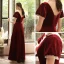 Snygga / Fina Burgundy Velour Genomskinliga Aftonklänningar 2020 Prinsessa Hög Hals Pösigt Korta ärm Appliqués Blomma Beading Långa Ruffle Halterneck Formella Klänningar