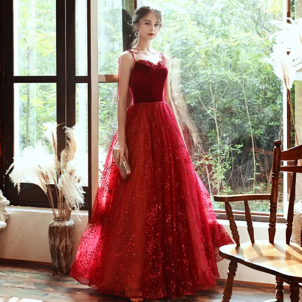 Chic / Beautiful Red Suede Evening Dresses  2020 A-Line / Princess Spaghetti Straps Sleeveless Beading Glitter Tulle Floor-Length / Long Ruffle Backless Formal Dresses
