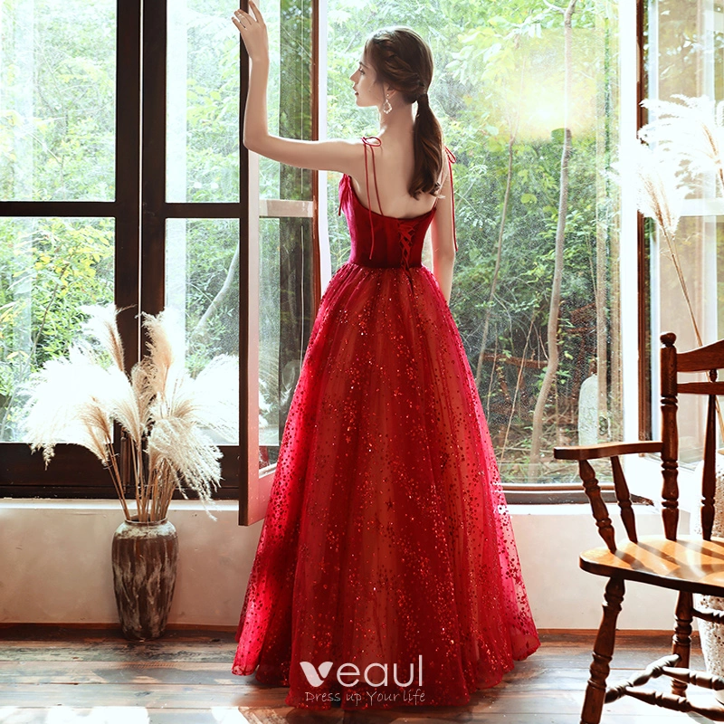 Red Straps Corset Tulle A-Line Stylish Elegant Prom Formal Dress