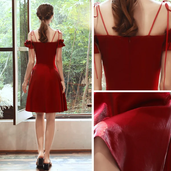 Affordable Red Homecoming Graduation Dresses 2020 A-Line / Princess Off-The-Shoulder Spaghetti Straps Short Sleeve Backless Short Formal Dresses